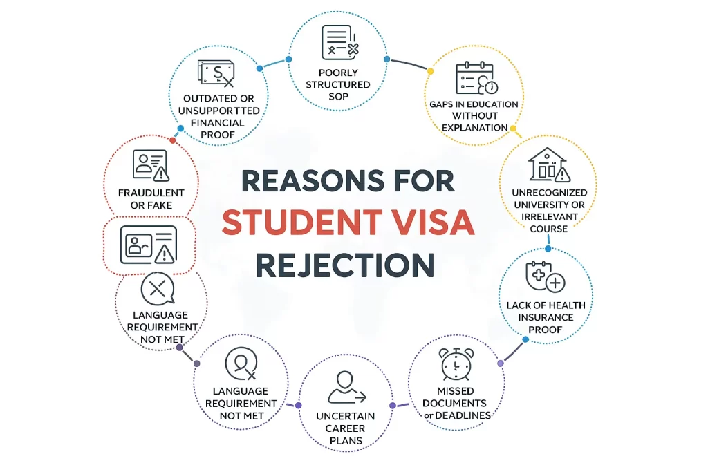 Infographic showing common reasons for Germany student visa rejection, including poor SOP, financial proof, unrecognized university, and missed documents when applying to study in Germany.
