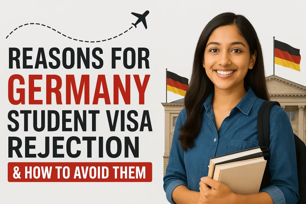 Smiling student holding books in front of a German university with Germany flags, representing Germany student visa rejection and how to study in Germany successfully.