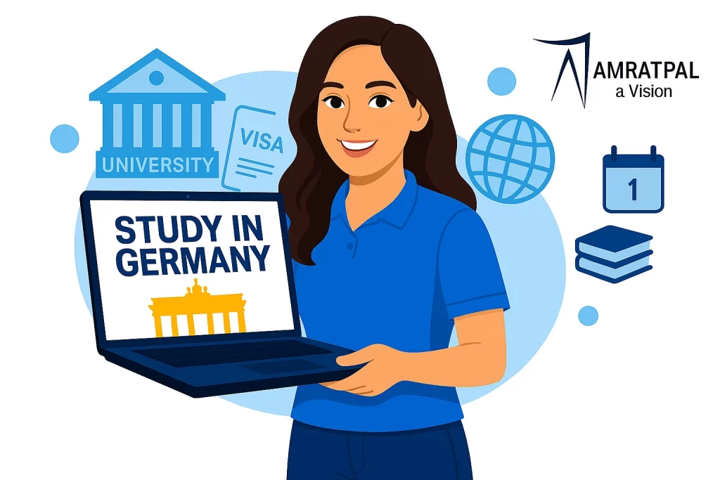 Illustration of a student holding a laptop with & quot Study in Germany. on screen, surrounded by icons of university, visa, books, and calendar—representing Germany student visa, Germany visa, and common visa rejection issues related to studying in Germany.