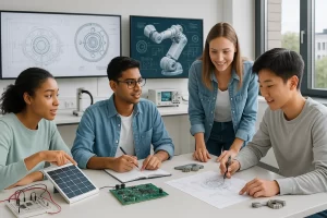 International students work on an engineering project as part of their English bachelors in Germany, showcasing the hands-on, practical education in Germany that draws those looking to study abroad in Germany and gain real-world experience.