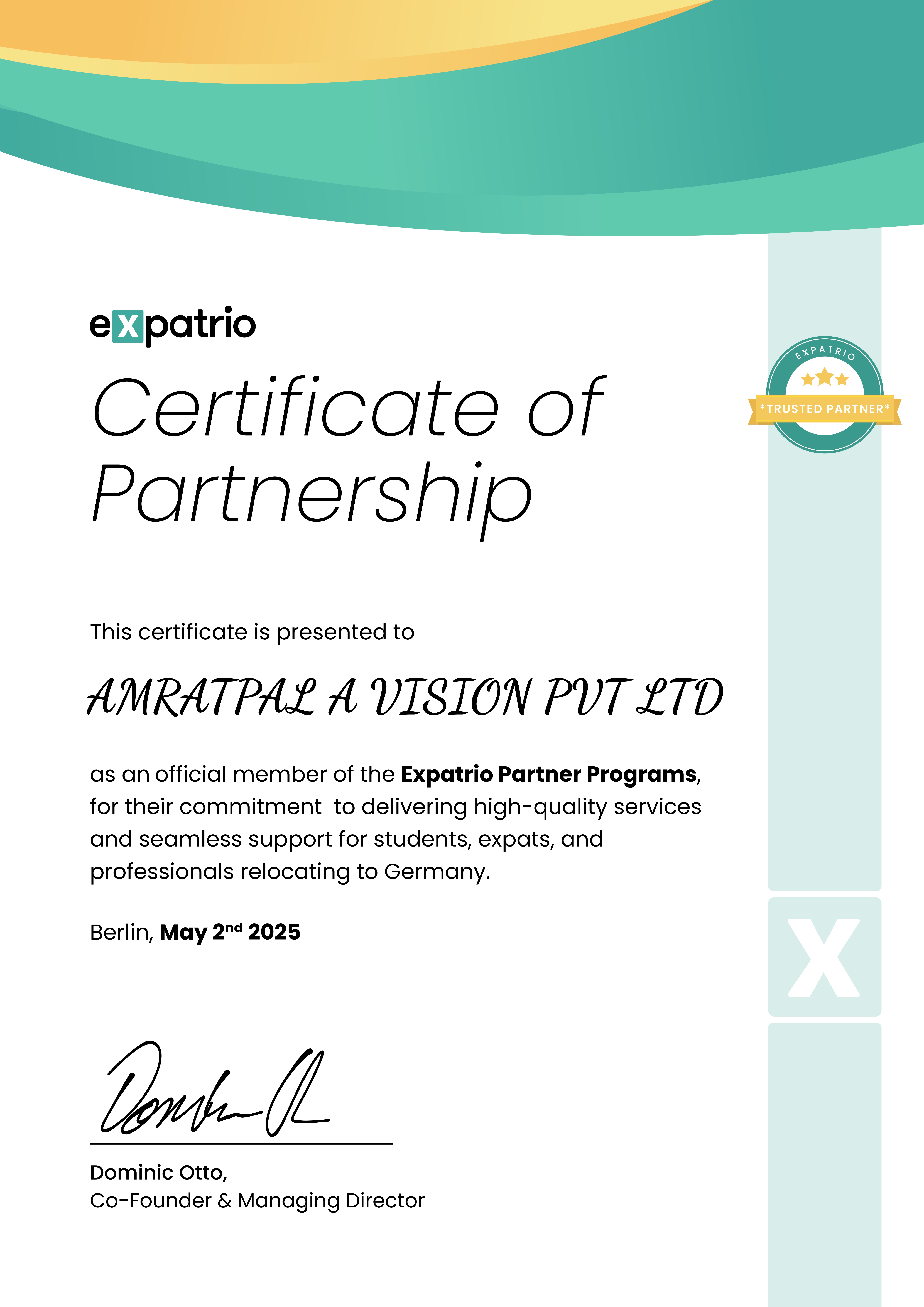 Partnership certificate awarded to Amratpal A Vision Pvt Ltd by Expatrio for supporting students and professionals relocating to Germany.