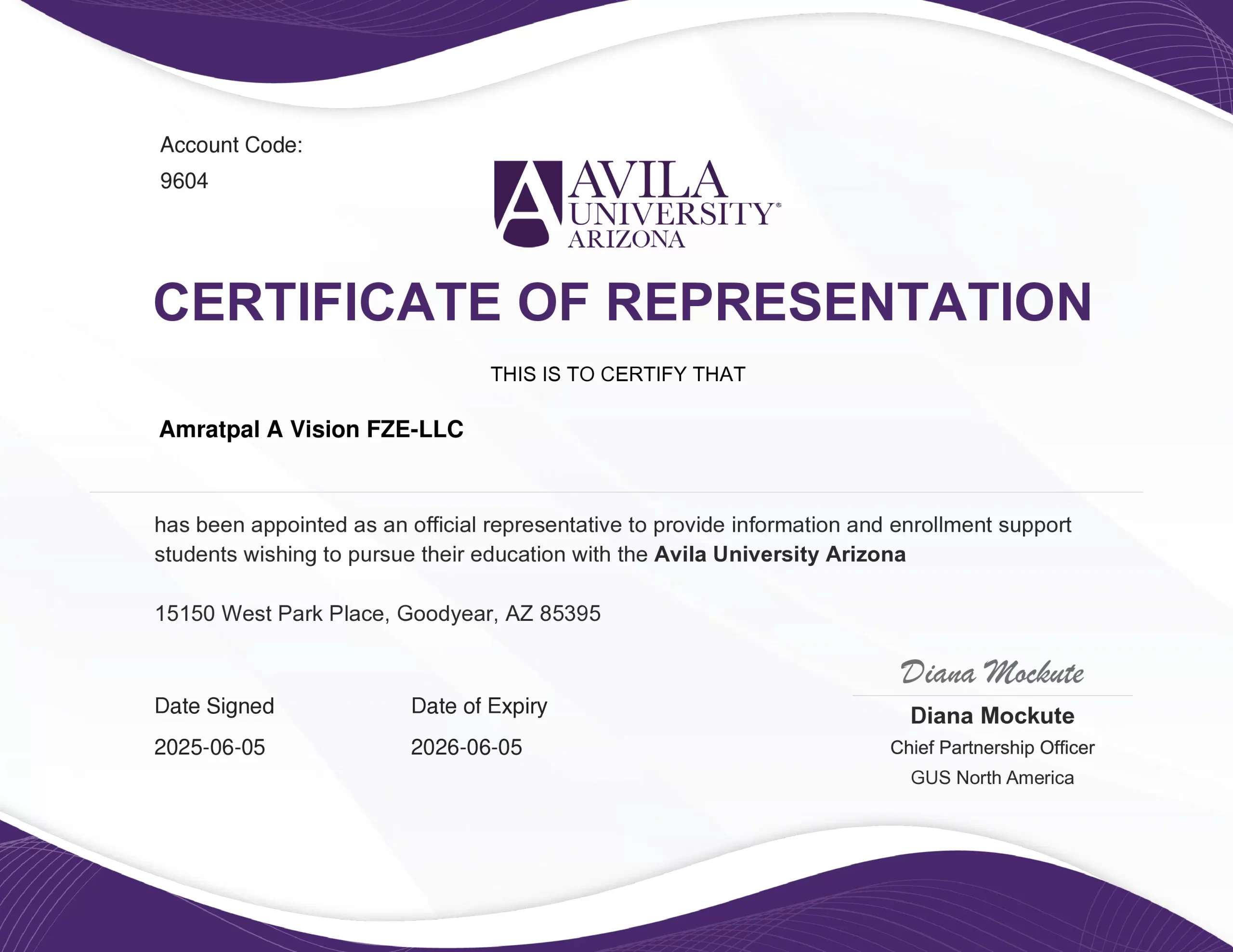 Certificate appointing Amratpal A Vision as an official representative of Avila University USA for international student recruitment.