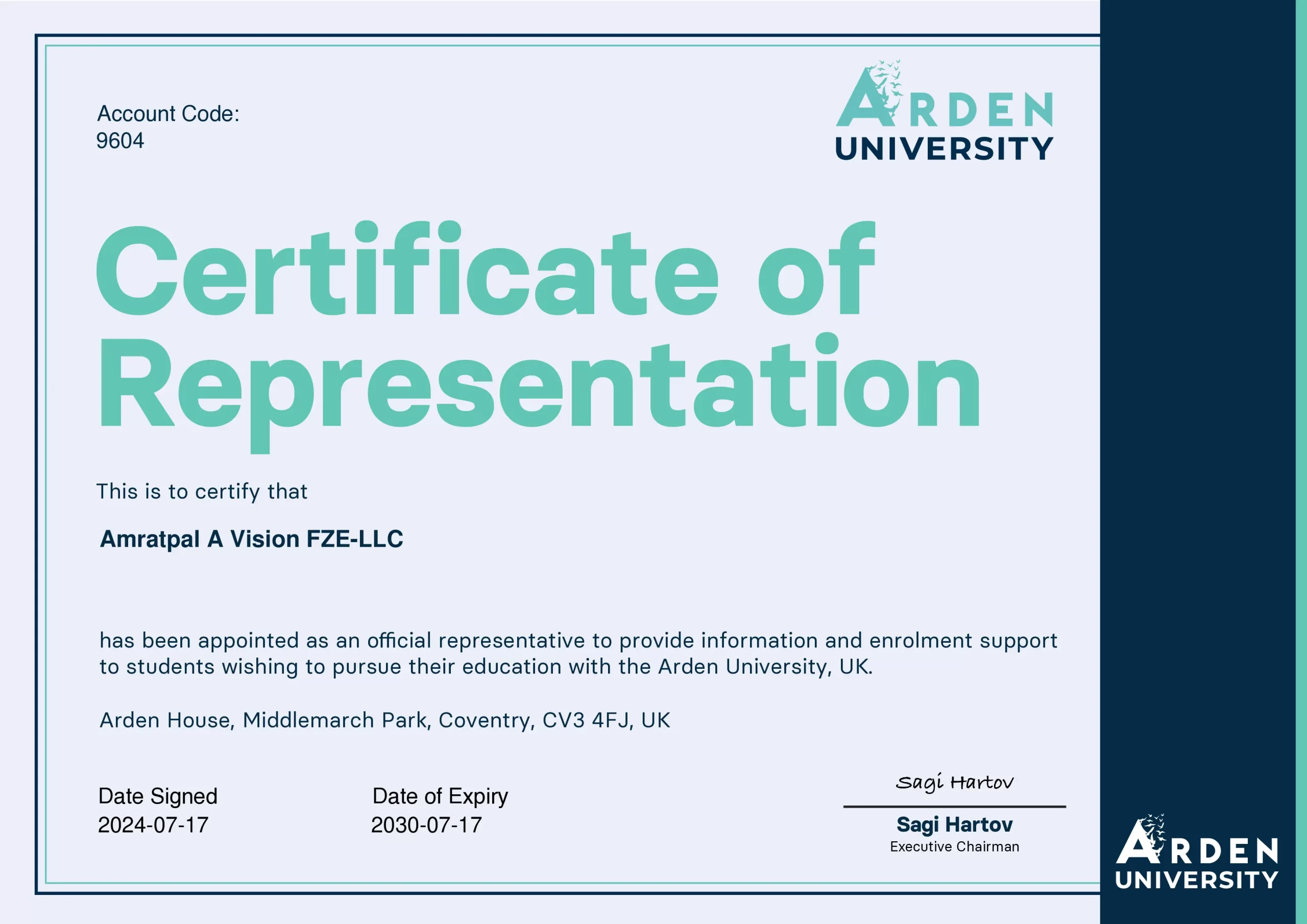 Certificate of Representation from Arden University recognizing Amratpal A Vision as an authorized representative.