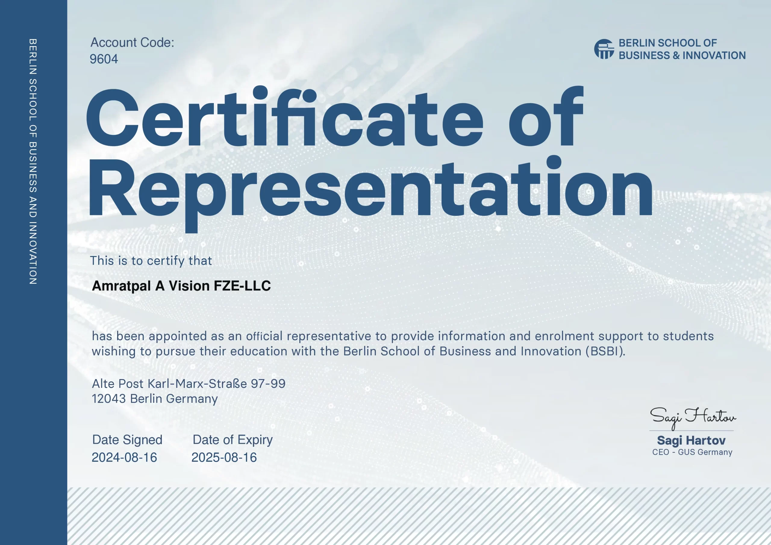 Certificate of Representation from Berlin School of Business and Innovation (BSBI) recognizing Amratpal A Vision as an official representative.