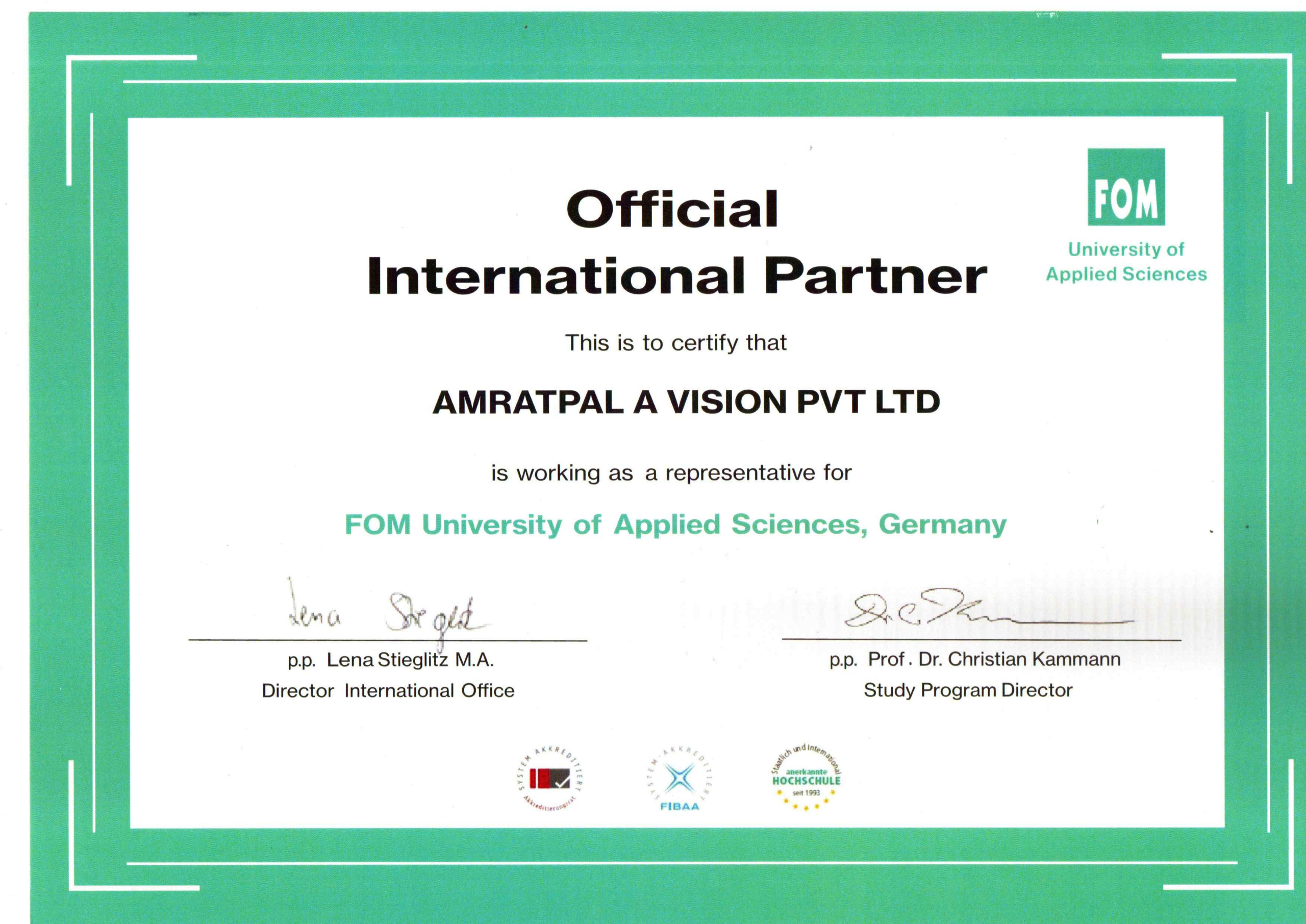 Official partner certificate awarded to Amratpal A Vision by FOM University Germany. Recognized representative for FOM University of Applied Sciences, supporting study in Germany. Trusted visa consultant for Germany student visa and university admissions.