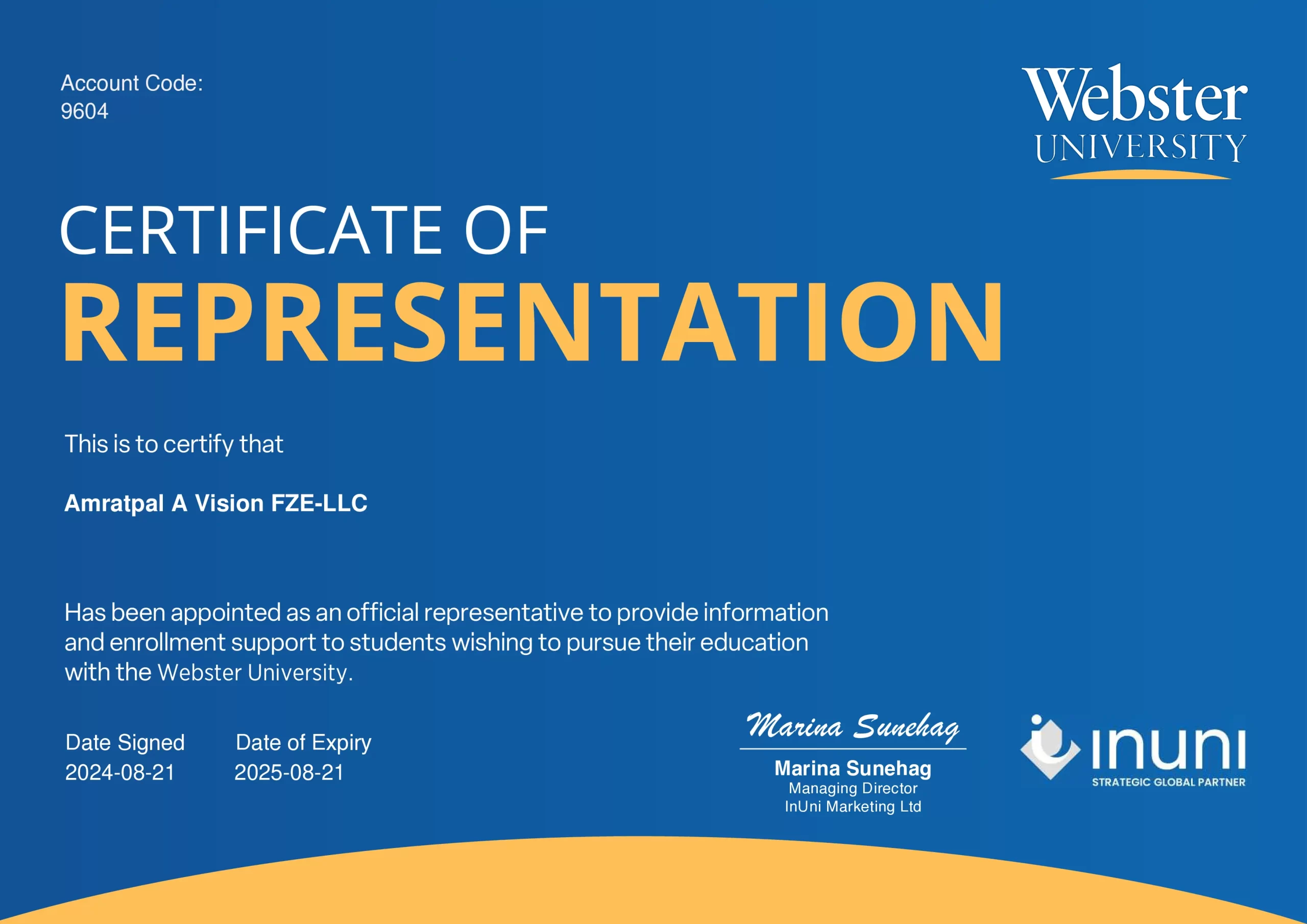 Certificate recognizing Amratpal A Vision as an official representative of Webster University USA for international student recruitment.
