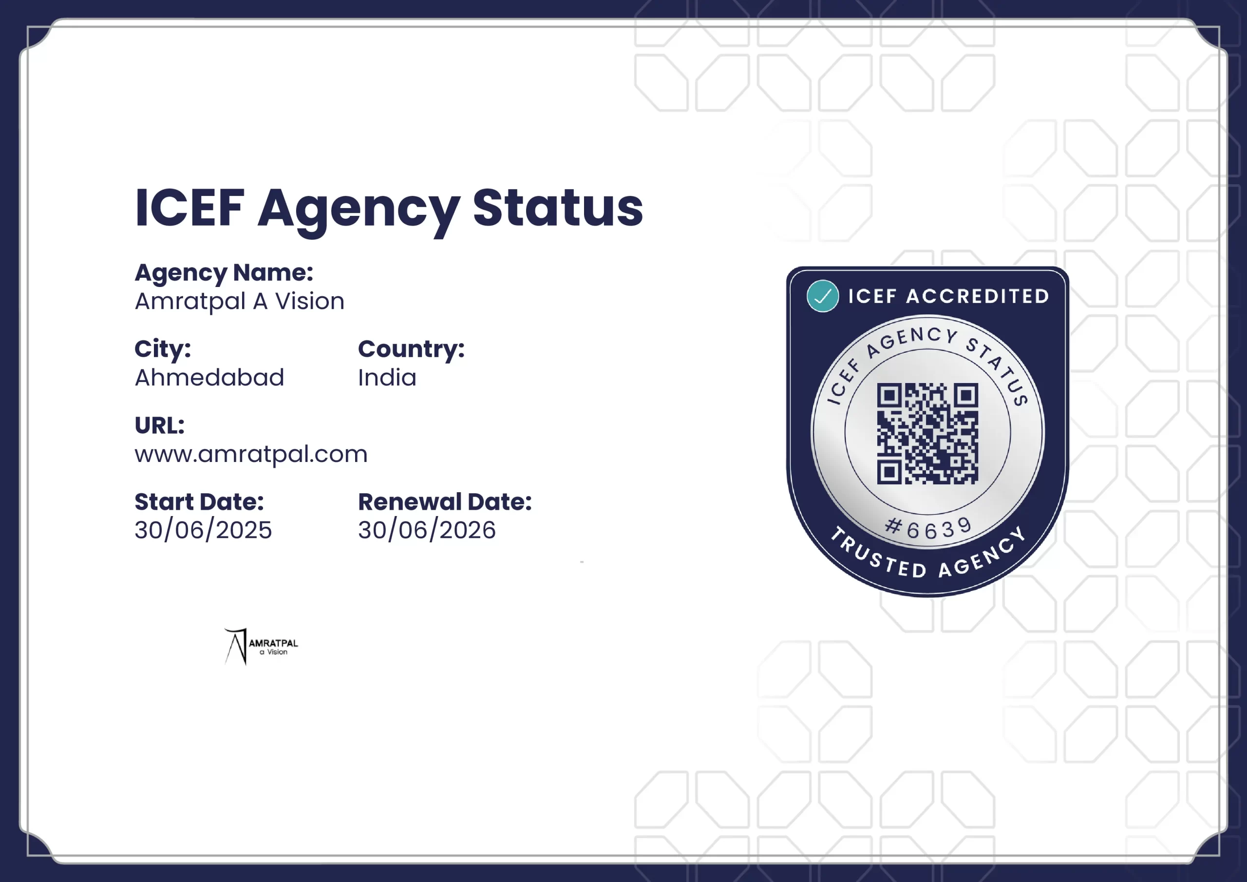 ICEF IAS 2025 Certificate awarded to Amratpal A Vision, recognizing excellence in international student recruitment and guidance. Trusted for Study in Germany and global education pathways.