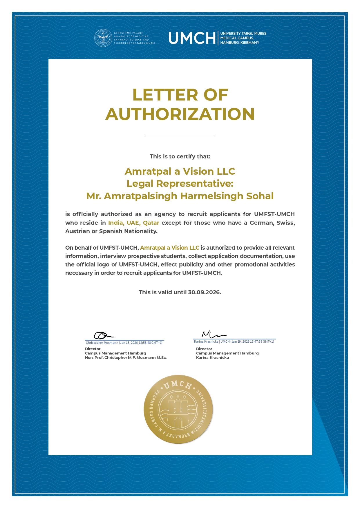 UMCH Letter of Authorization certifying Amratpal a Vision LLC as an official recruitment agency for applicants in India, UAE, and Qatar, valid until September 30, 2026